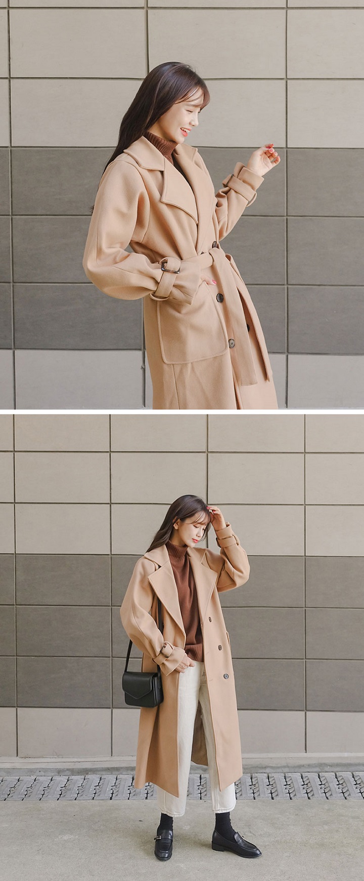 Icecream12 - Manteau long simple boutonnage uni avec ceinture