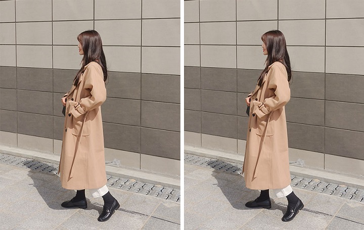 Icecream12 - Manteau long simple boutonnage uni avec ceinture