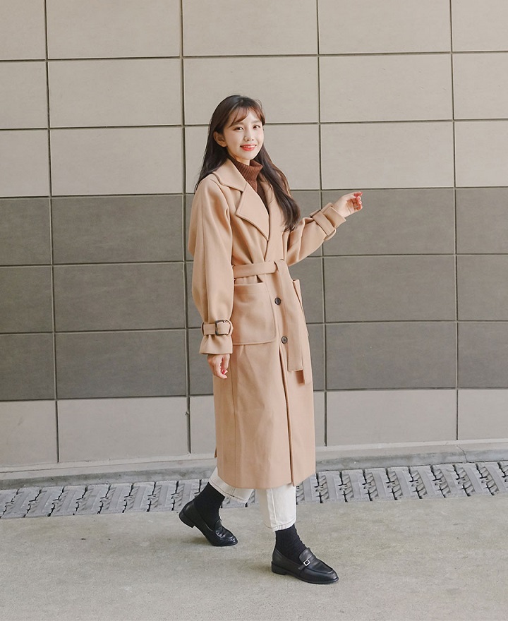 Icecream12 - Manteau long simple boutonnage uni avec ceinture