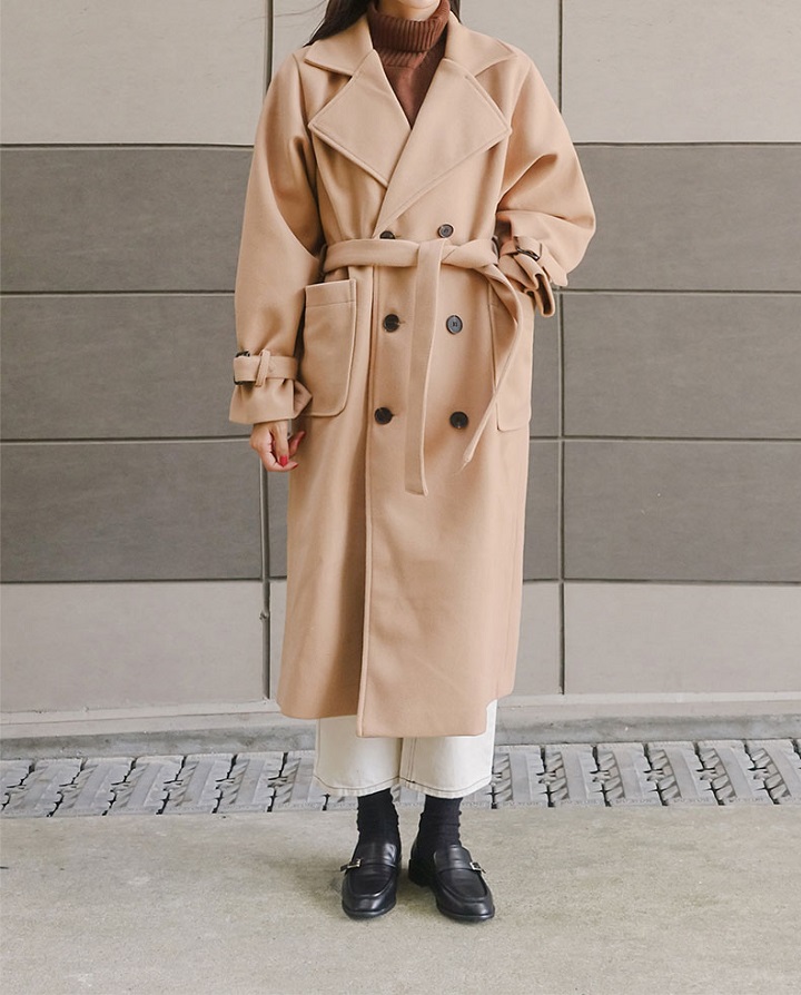 Icecream12 - Manteau long simple boutonnage uni avec ceinture