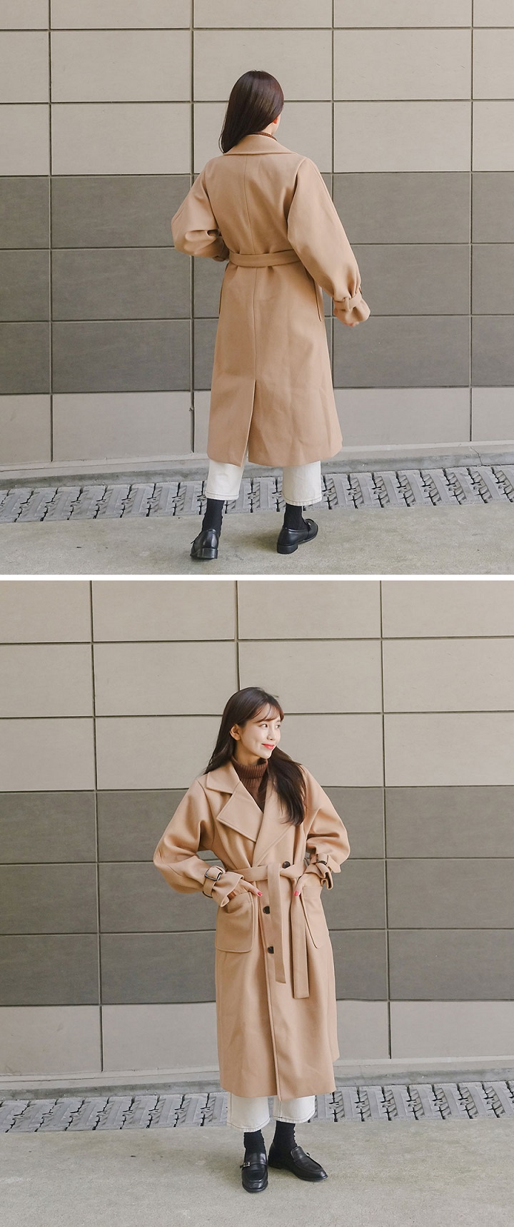 Icecream12 - Manteau long simple boutonnage uni avec ceinture