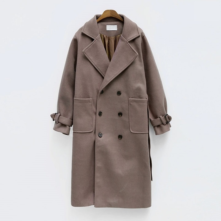 Icecream12 - Manteau long simple boutonnage uni avec ceinture