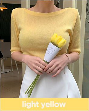 chuu - Elbow-Sleeve Boat-Neck Plain Knit Top