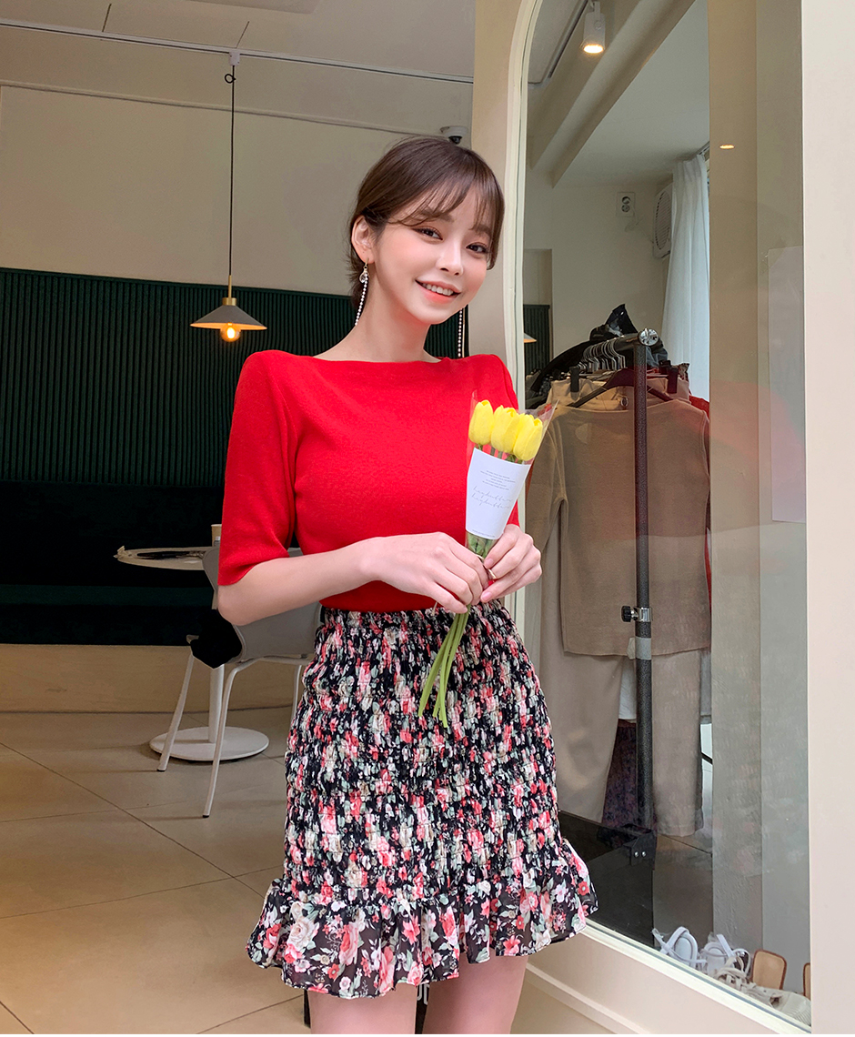 chuu - Elbow-Sleeve Boat-Neck Plain Knit Top