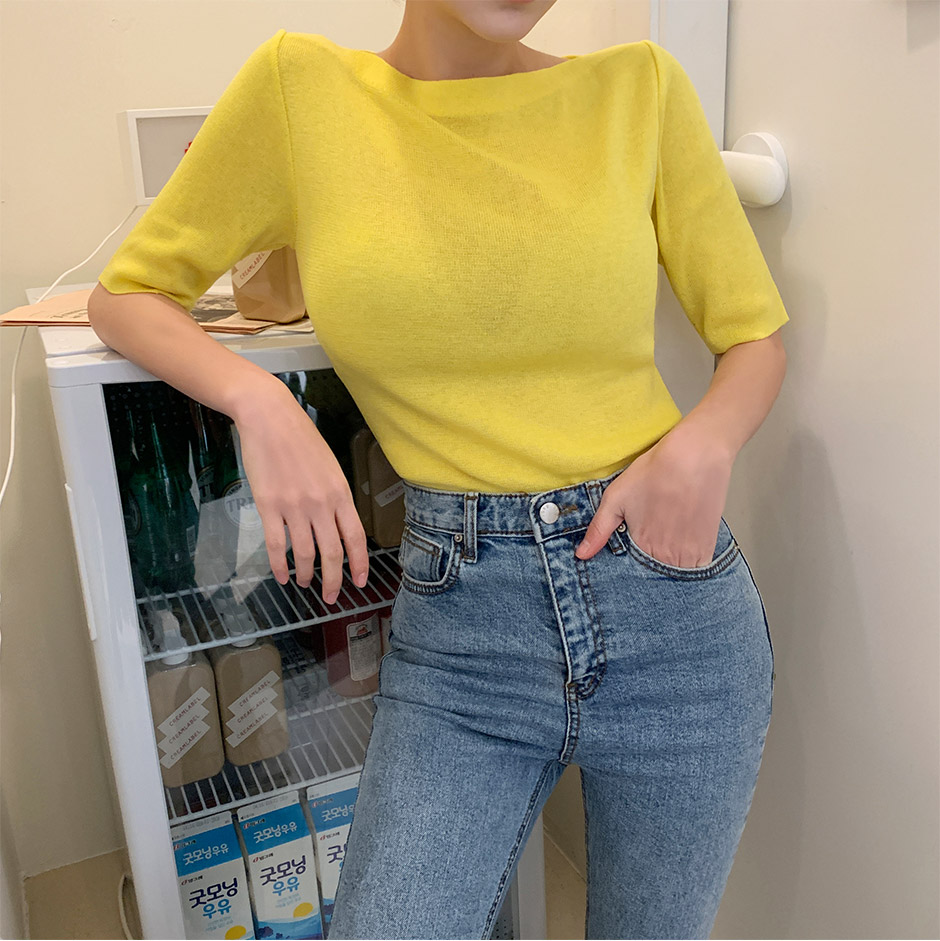 chuu - Elbow-Sleeve Boat-Neck Plain Knit Top