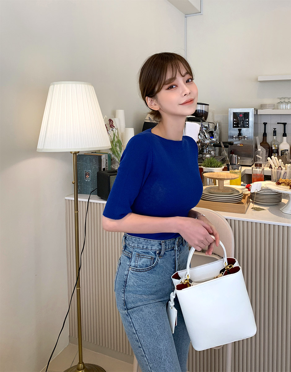 chuu - Elbow-Sleeve Boat-Neck Plain Knit Top