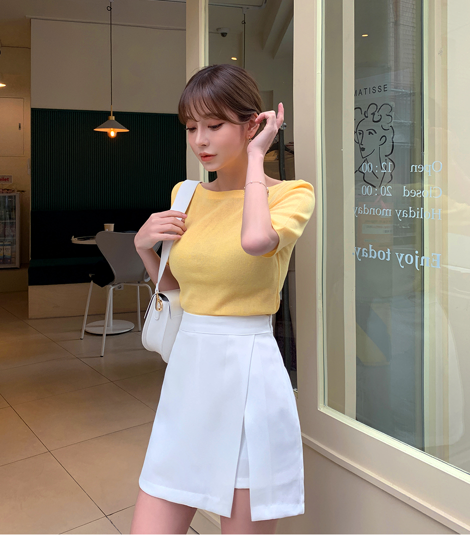 chuu - Elbow-Sleeve Boat-Neck Plain Knit Top