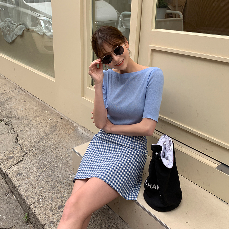chuu - Elbow-Sleeve Boat-Neck Plain Knit Top