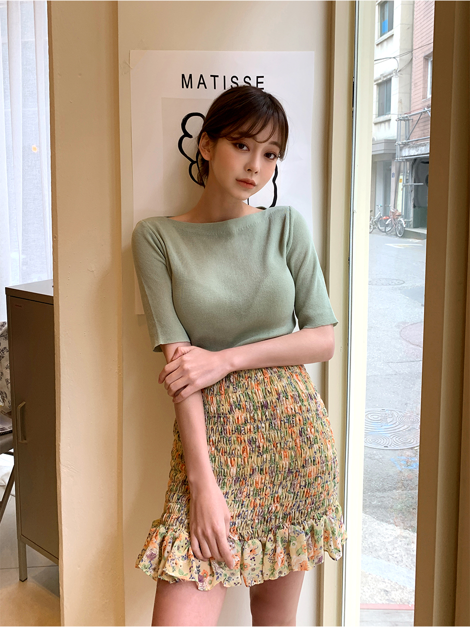 chuu - Elbow-Sleeve Boat-Neck Plain Knit Top