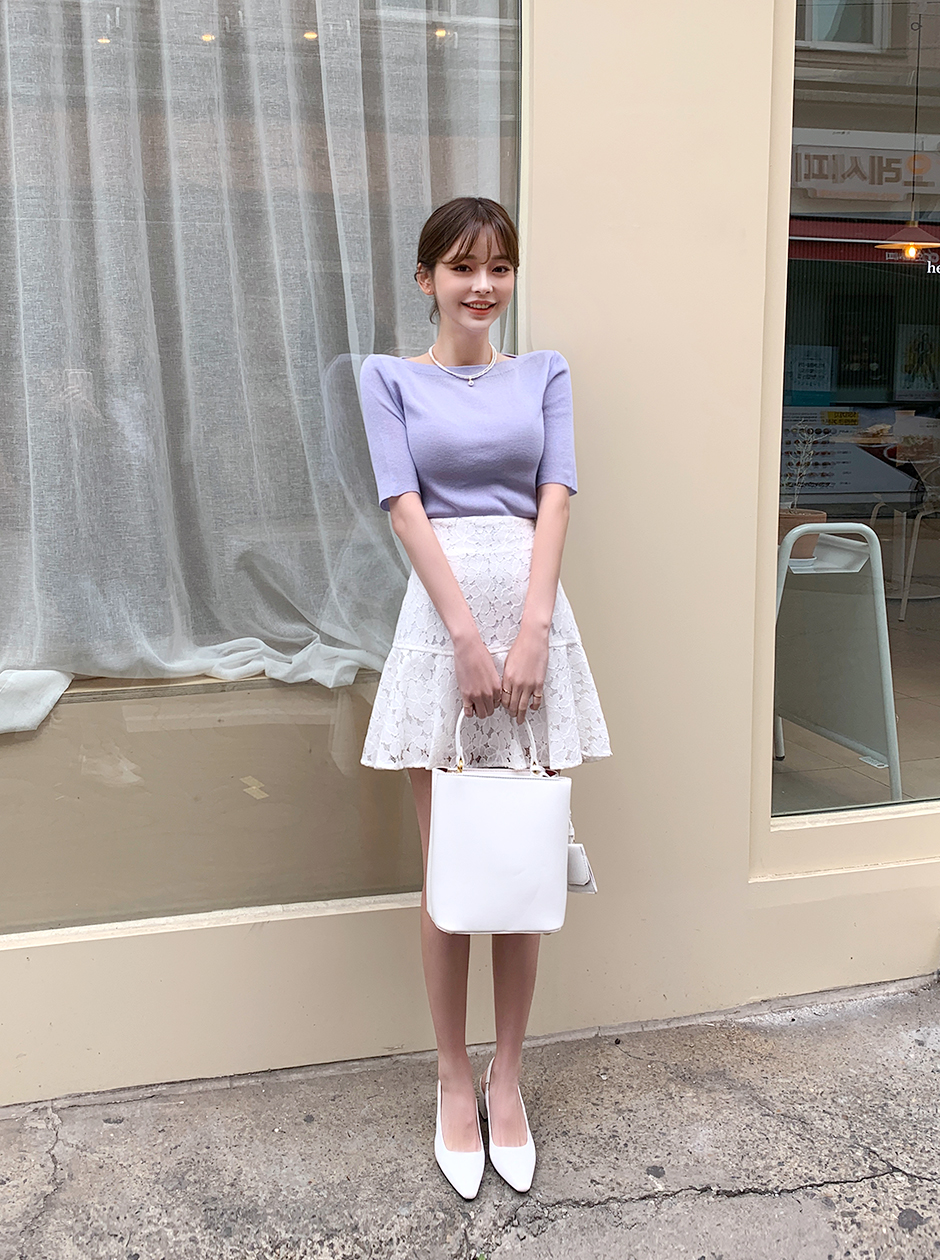 chuu - Elbow-Sleeve Boat-Neck Plain Knit Top
