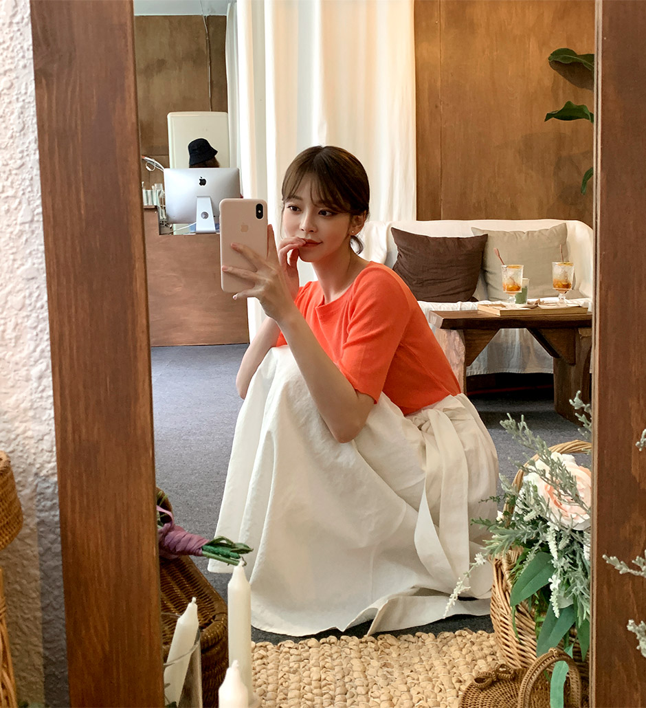 chuu - Elbow-Sleeve Boat-Neck Plain Knit Top