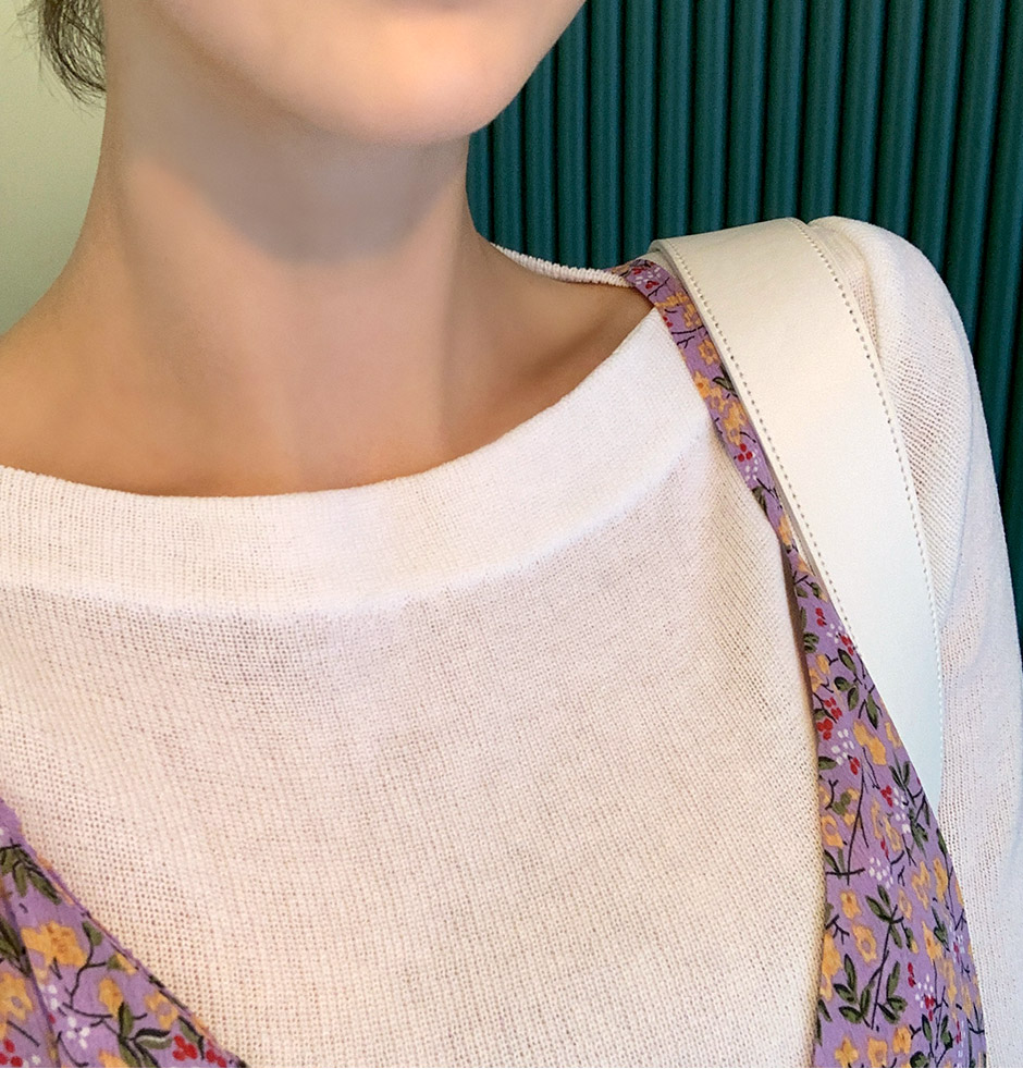 chuu - Elbow-Sleeve Boat-Neck Plain Knit Top