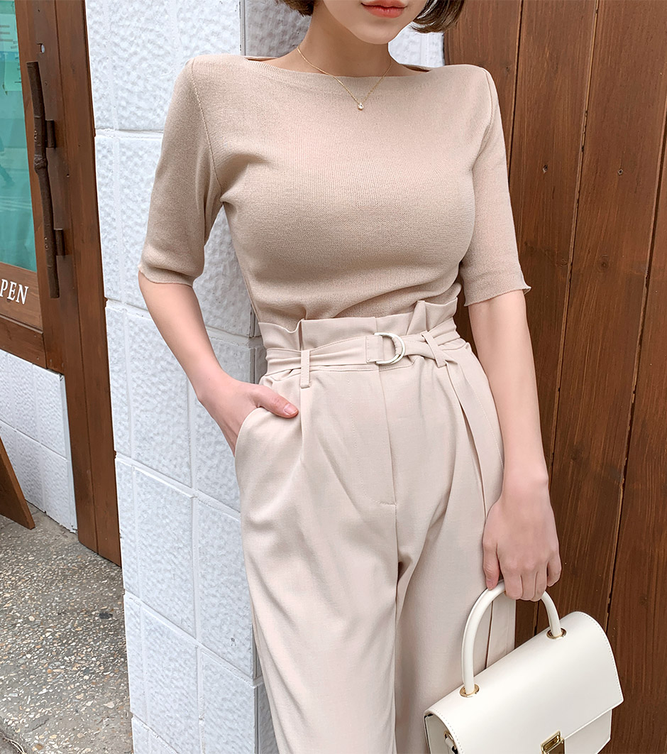chuu - Elbow-Sleeve Boat-Neck Plain Knit Top