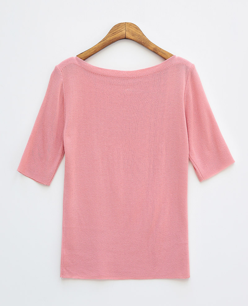 chuu - Elbow-Sleeve Boat-Neck Plain Knit Top