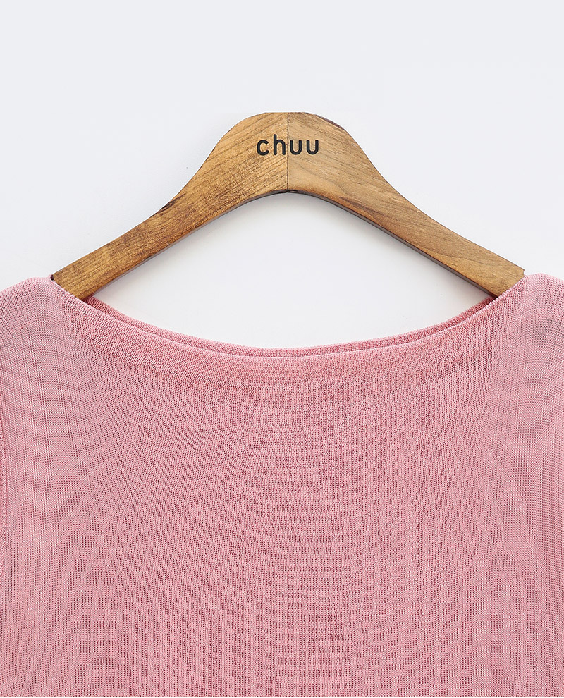 chuu - Elbow-Sleeve Boat-Neck Plain Knit Top