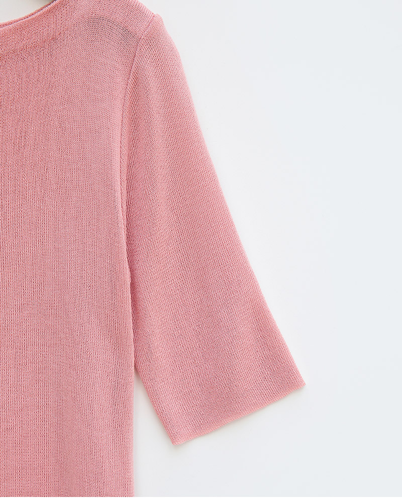 chuu - Elbow-Sleeve Boat-Neck Plain Knit Top