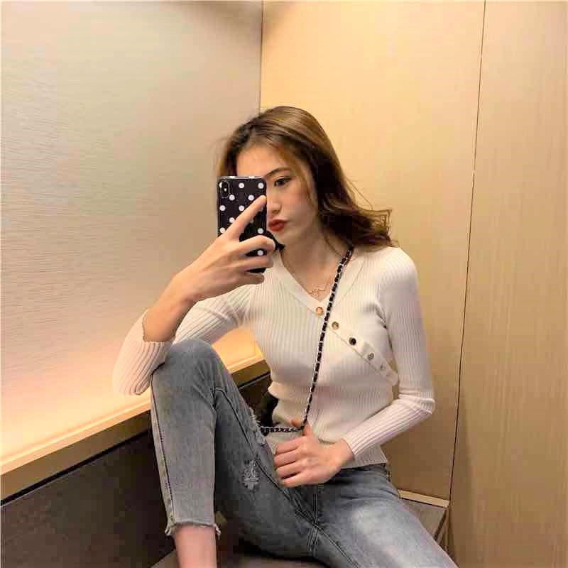 MsBlossom - Long-Sleeve Buttoned V-Neck Knit Top