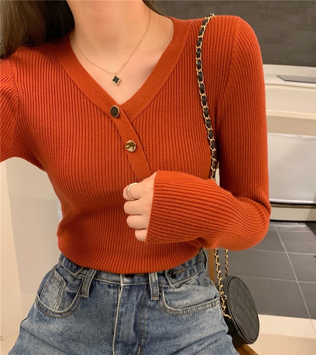 MsBlossom - Long-Sleeve Buttoned V-Neck Knit Top