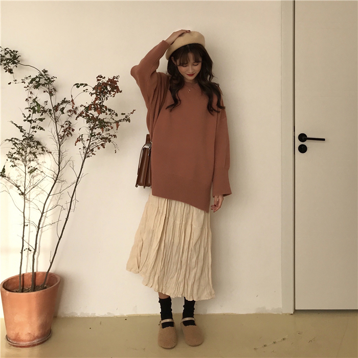 PinkGirl - Dropped Shoulder Oversized Plain Knit Sweater
