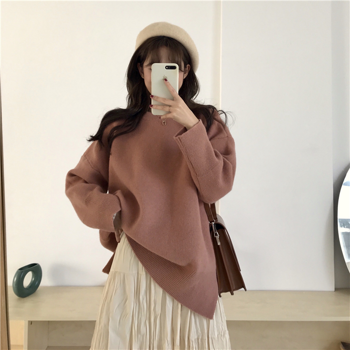 PinkGirl - Dropped Shoulder Oversized Plain Knit Sweater