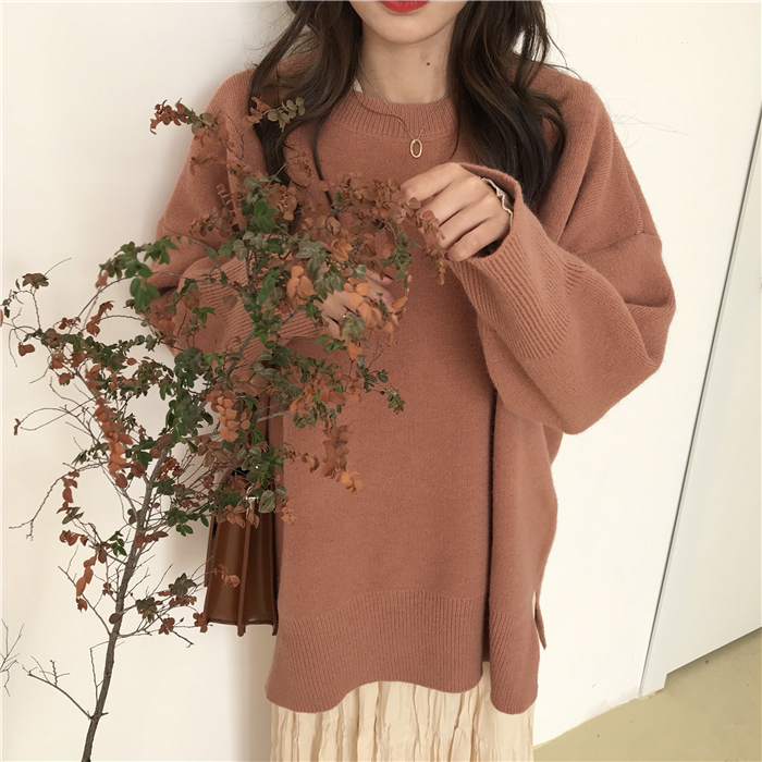 PinkGirl - Dropped Shoulder Oversized Plain Knit Sweater