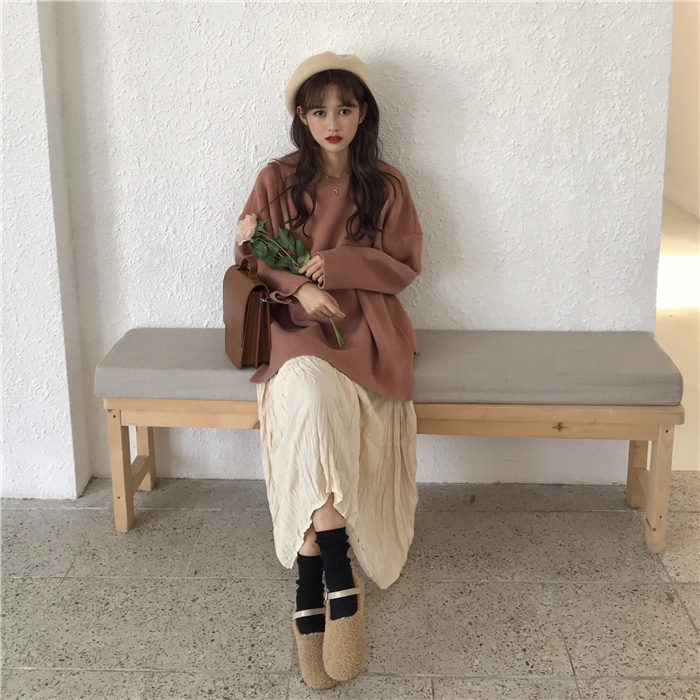 PinkGirl - Dropped Shoulder Oversized Plain Knit Sweater