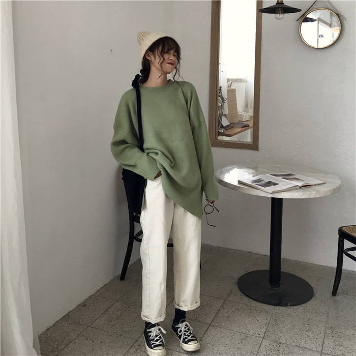 PinkGirl - Dropped Shoulder Oversized Plain Knit Sweater