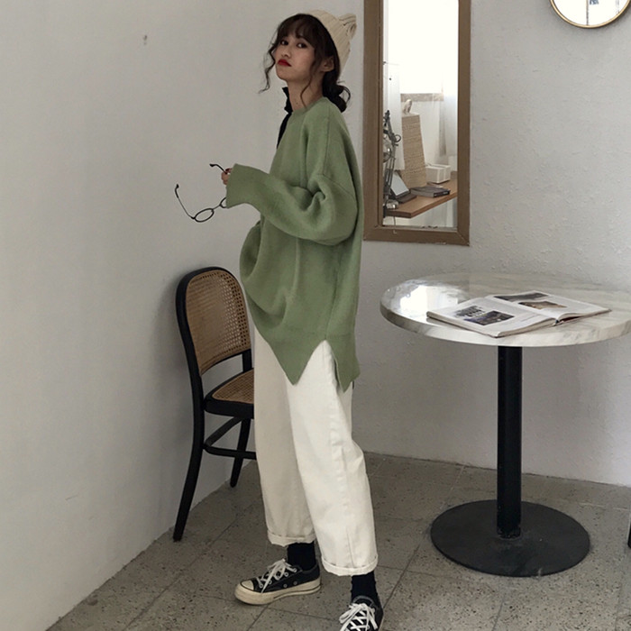 PinkGirl - Dropped Shoulder Oversized Plain Knit Sweater