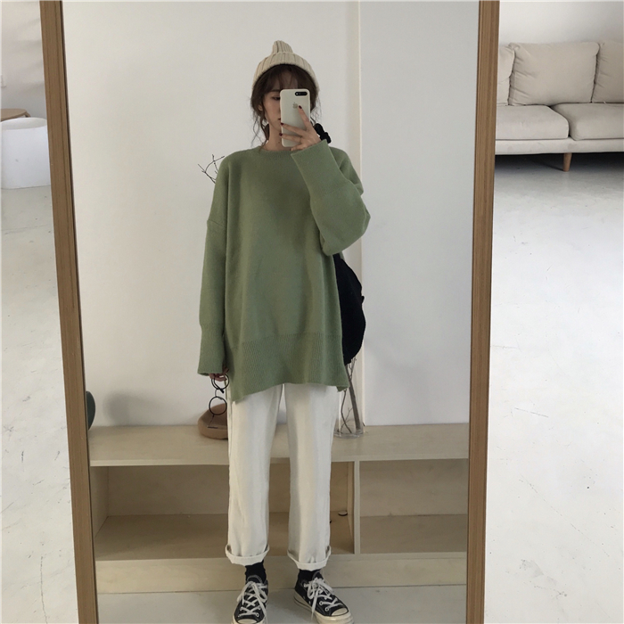 PinkGirl - Dropped Shoulder Oversized Plain Knit Sweater