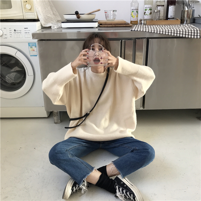 PinkGirl - Dropped Shoulder Oversized Plain Knit Sweater