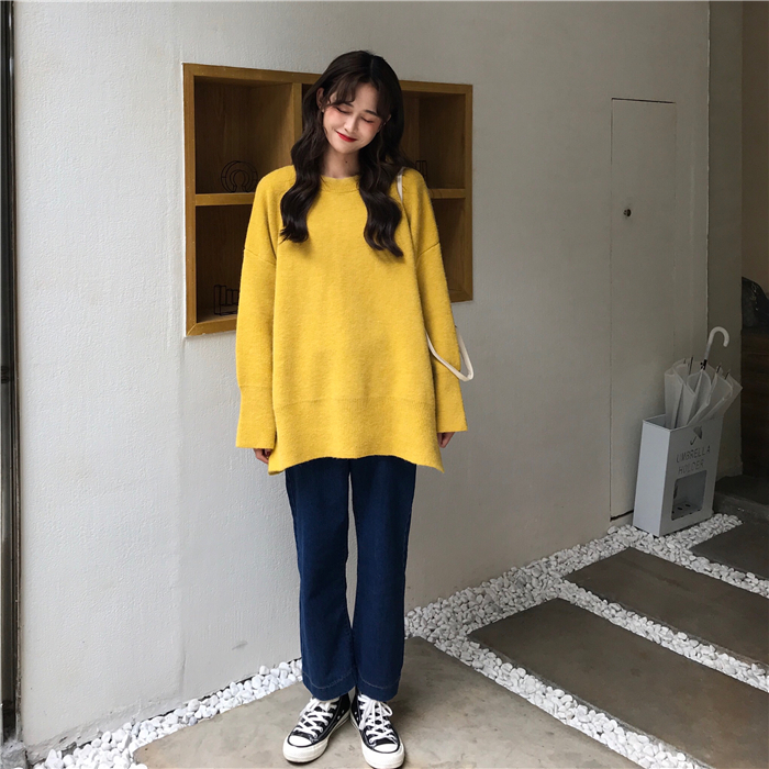 PinkGirl - Dropped Shoulder Oversized Plain Knit Sweater