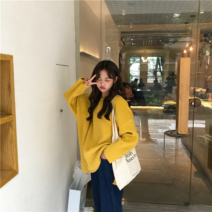 PinkGirl - Dropped Shoulder Oversized Plain Knit Sweater