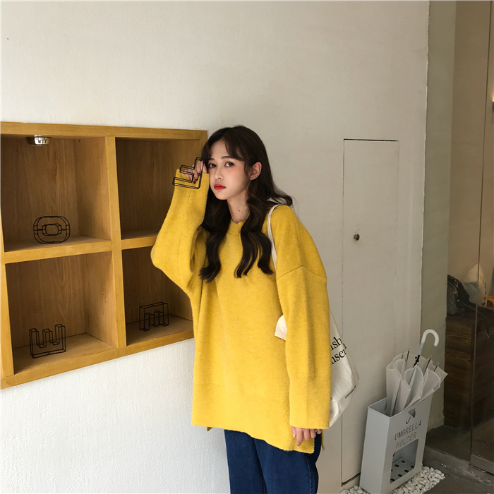 PinkGirl - Dropped Shoulder Oversized Plain Knit Sweater