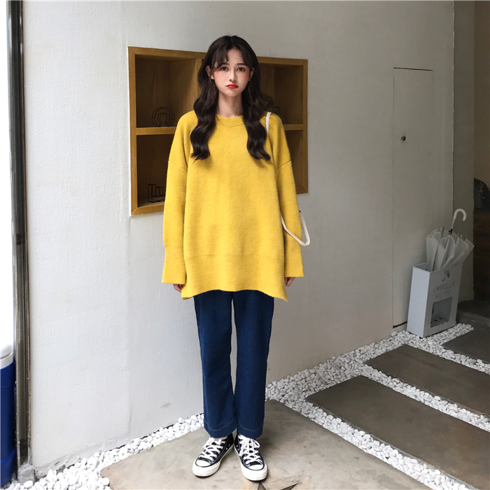 PinkGirl - Dropped Shoulder Oversized Plain Knit Sweater