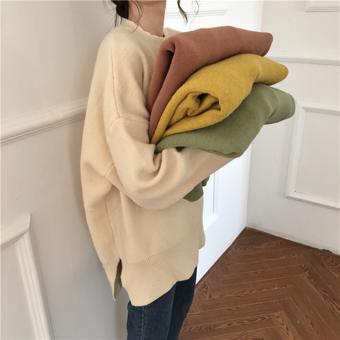 PinkGirl - Dropped Shoulder Oversized Plain Knit Sweater