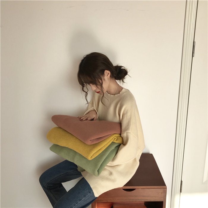 PinkGirl - Dropped Shoulder Oversized Plain Knit Sweater