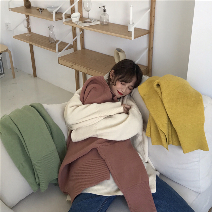 PinkGirl - Dropped Shoulder Oversized Plain Knit Sweater