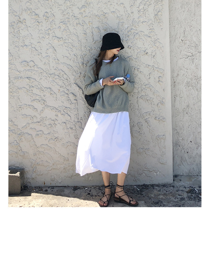 Rosy.B - Round-Neck Plain Ribbed Knit Sweater