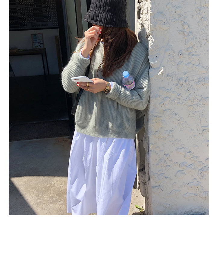Rosy.B - Round-Neck Plain Ribbed Knit Sweater