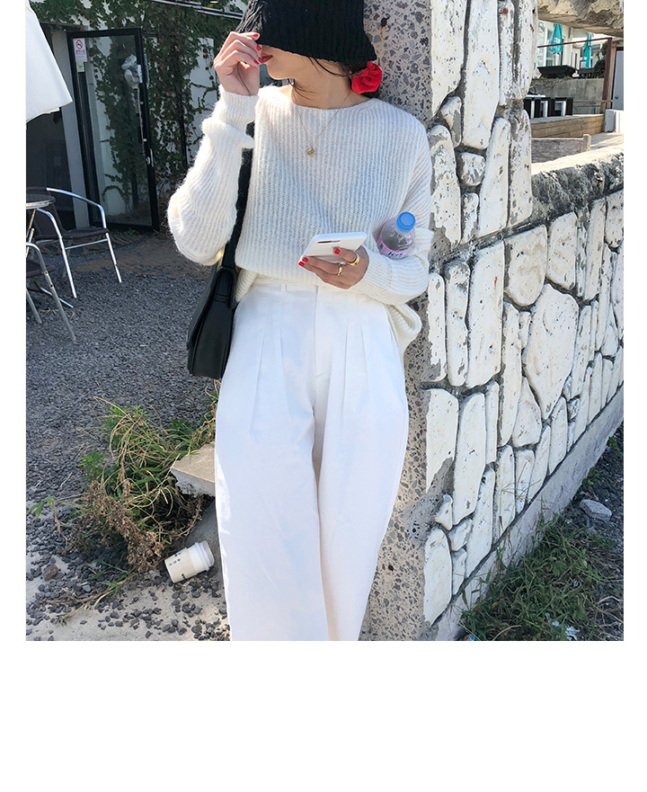 Rosy.B - Round-Neck Plain Ribbed Knit Sweater