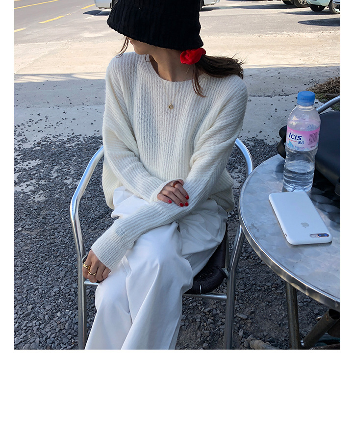 Rosy.B - Round-Neck Plain Ribbed Knit Sweater