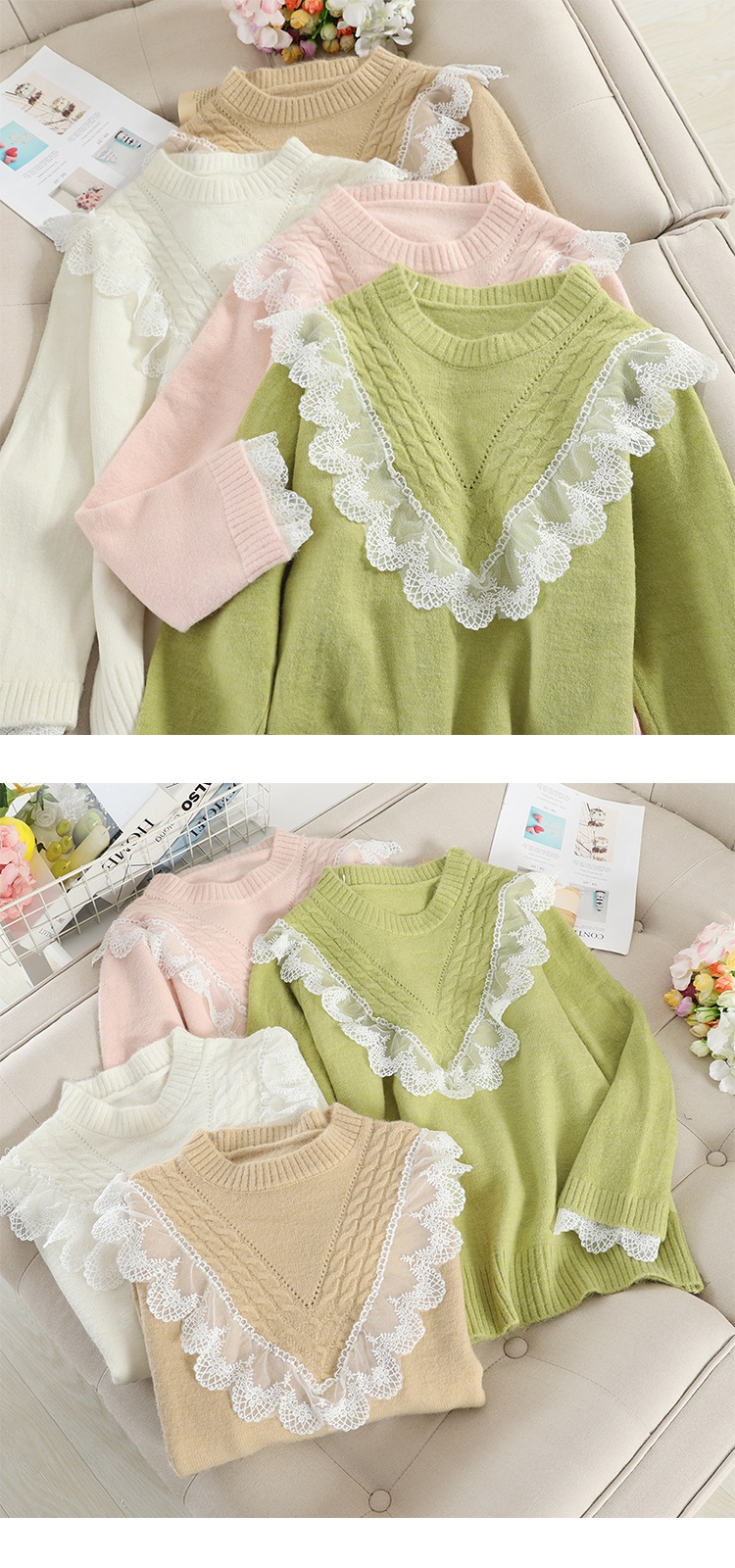 Souland - Pull en tricot à col rond en dentelle