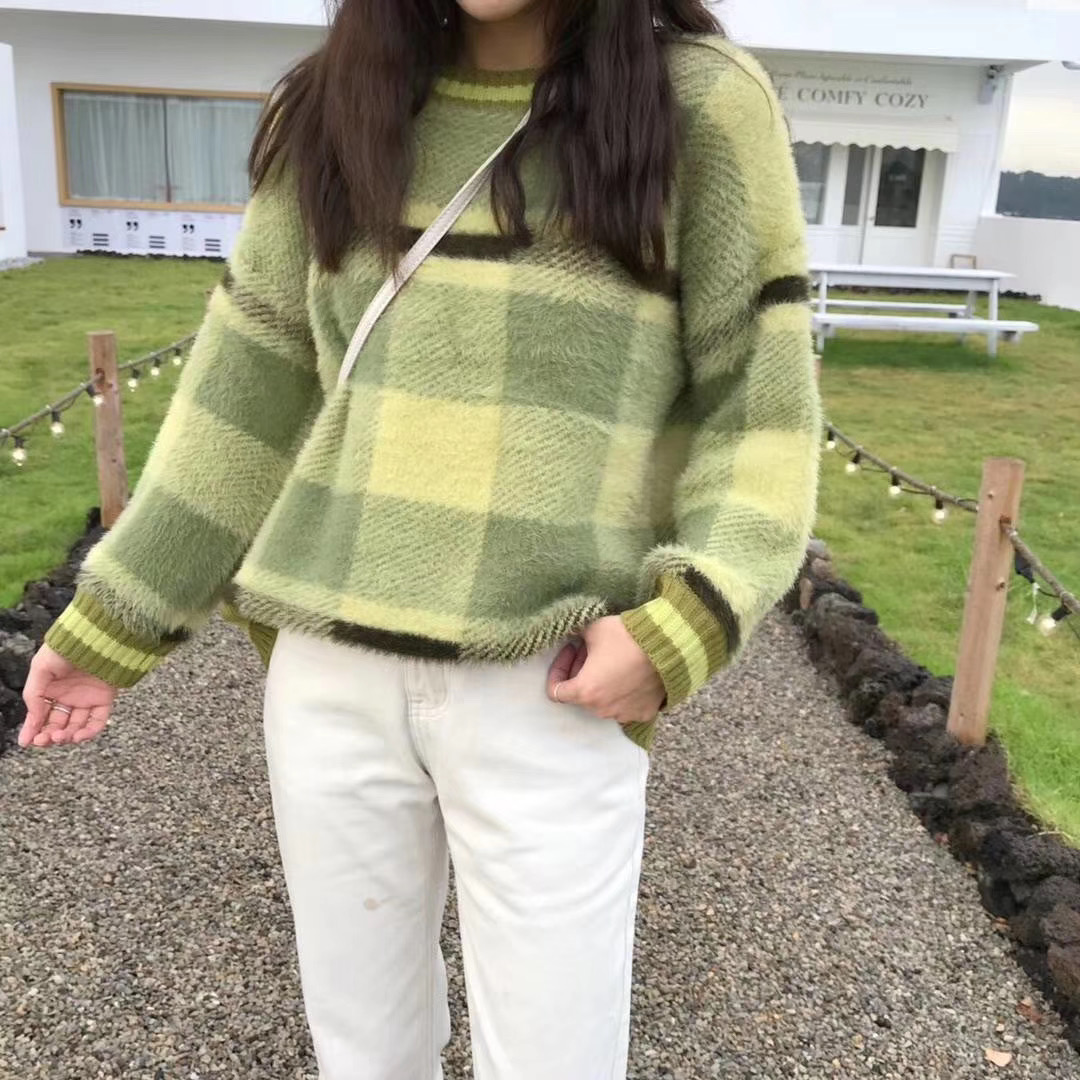 Seoulflash - Pull à manches longues en tricot à carreaux