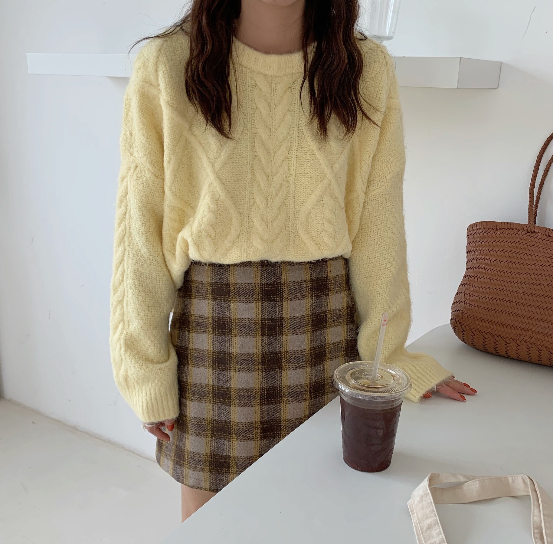 Seoulflash - Pull uni en tricot tressé à manches longues