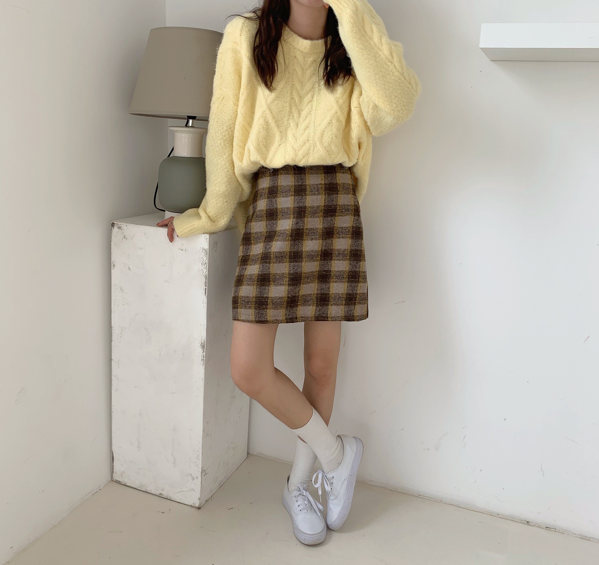 Seoulflash - Pull uni en tricot tressé à manches longues