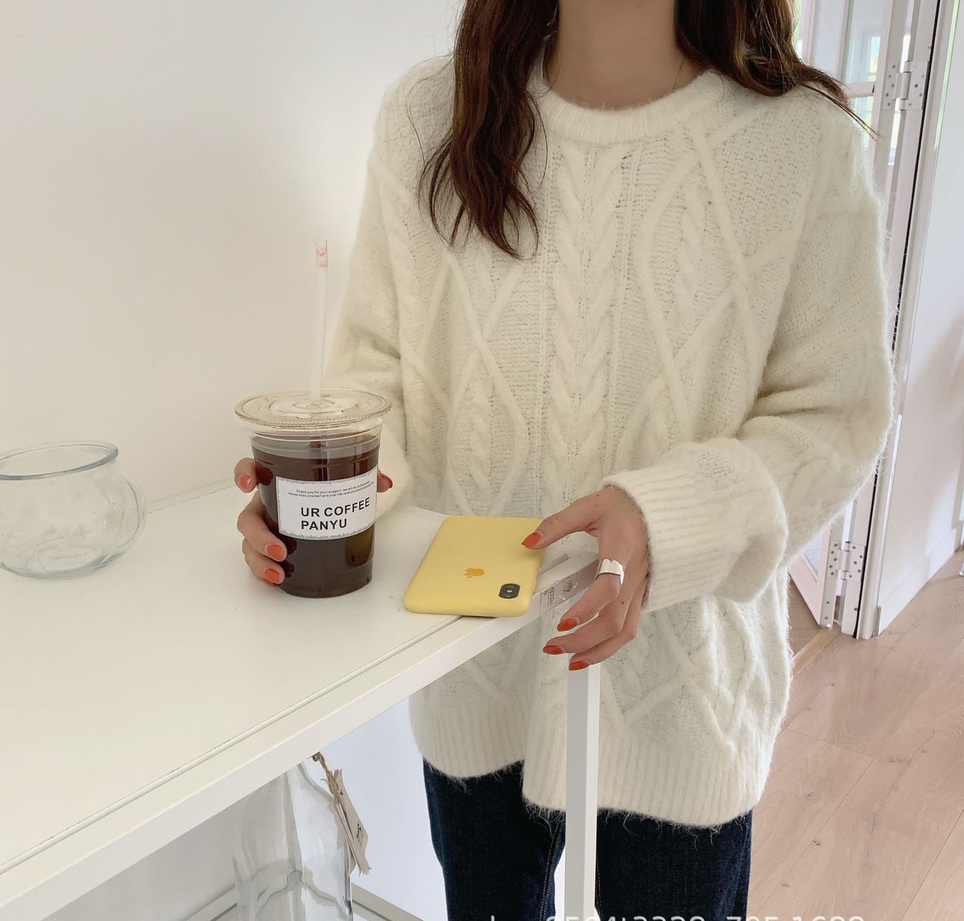 Seoulflash - Pull uni en tricot tressé à manches longues