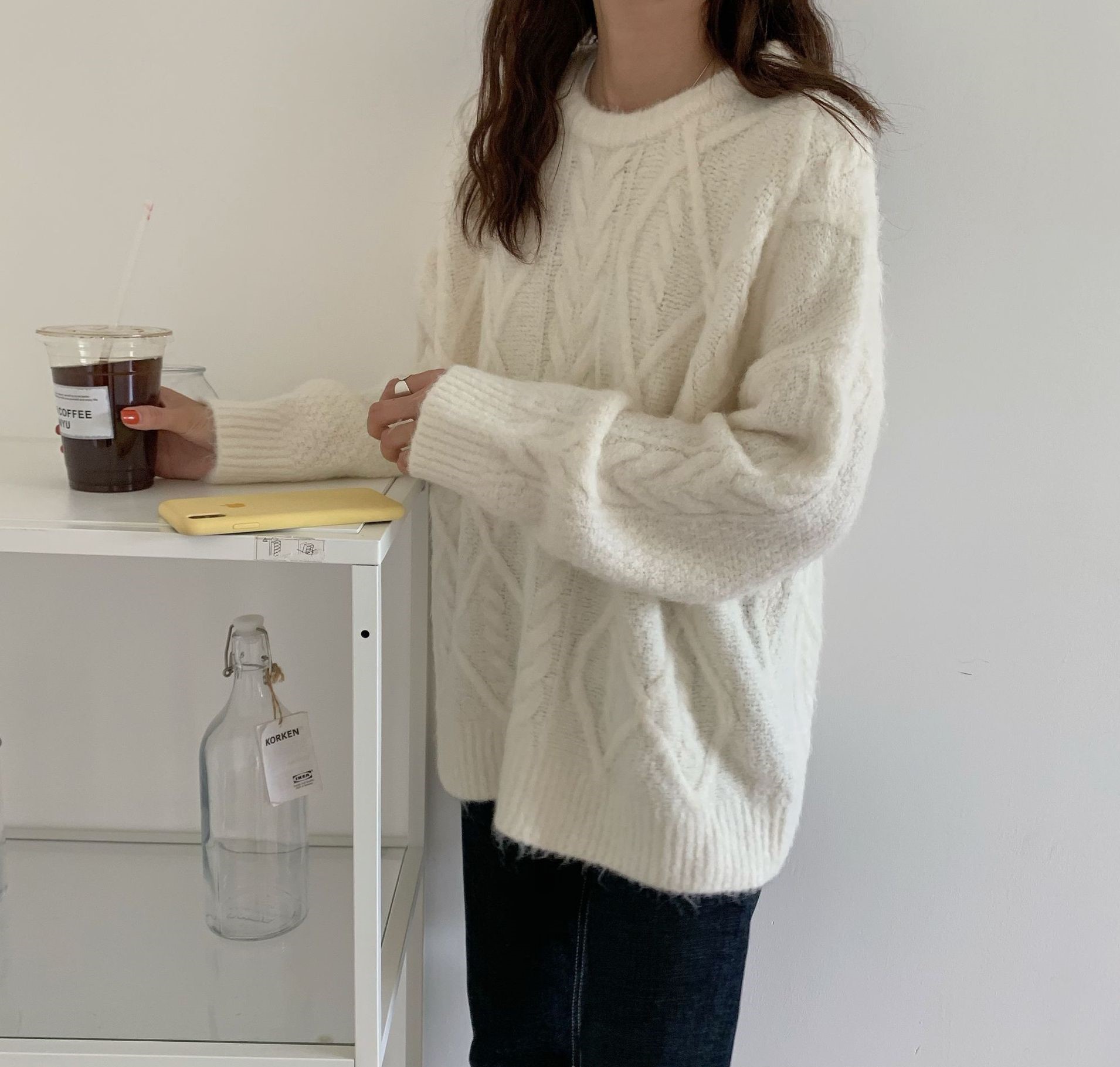 Seoulflash - Pull uni en tricot tressé à manches longues
