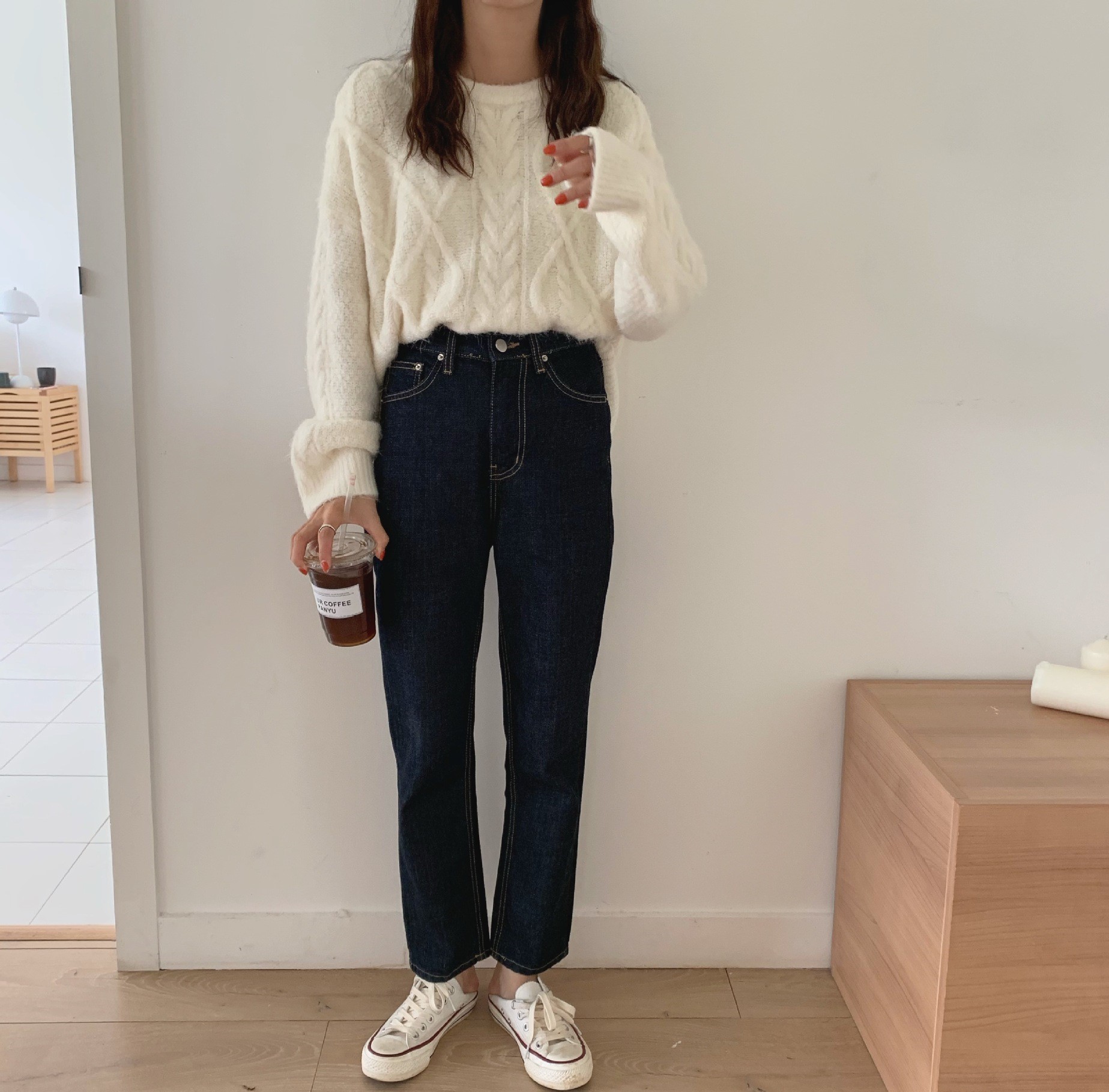 Seoulflash - Pull uni en tricot tressé à manches longues