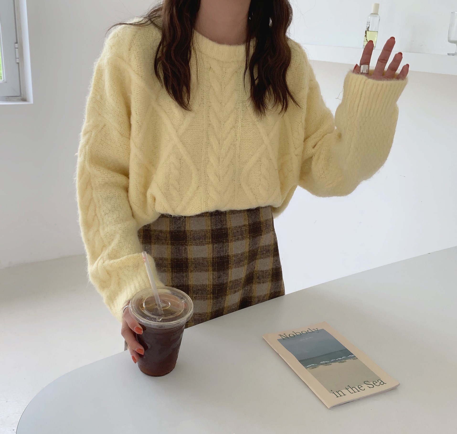 Seoulflash - Pull uni en tricot tressé à manches longues