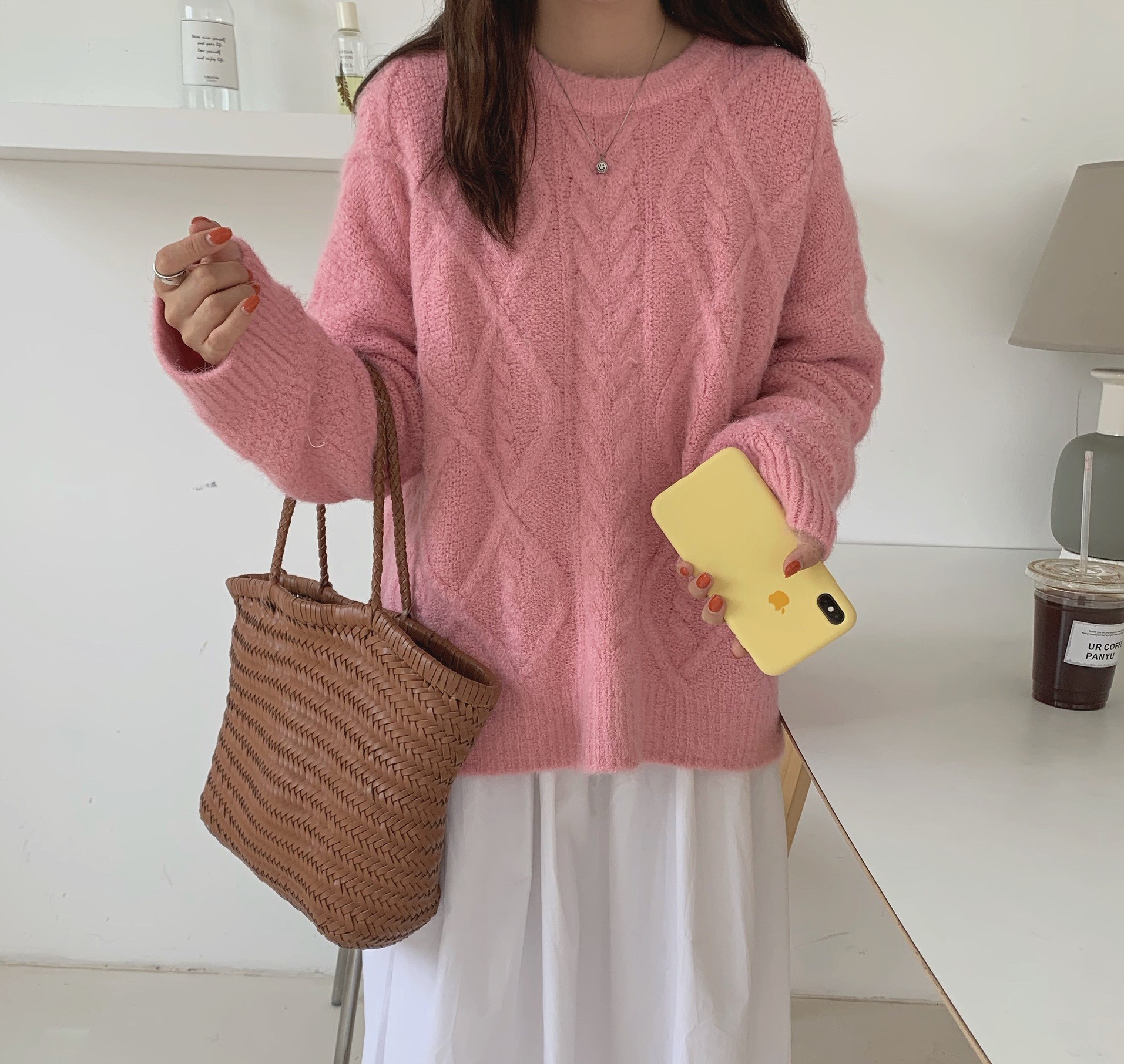 Seoulflash - Pull uni en tricot tressé à manches longues